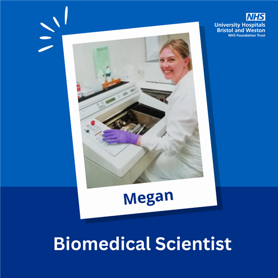 Megan is wearing a white lab coat and is sitting next to a piece of laboratory equipment.