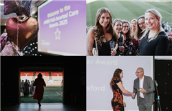 In the top left is an image of the Full Hearted Care Awards screen alongside a balloon, in the top right, a group of UHBW staff pose for a picture with the football pitch in the background, in the bottom left there is an image of the silhouette of a UHBW staff member walking out onto the Ashton Gate pitch and in the bottom right an image of two members of staff shaking hands
