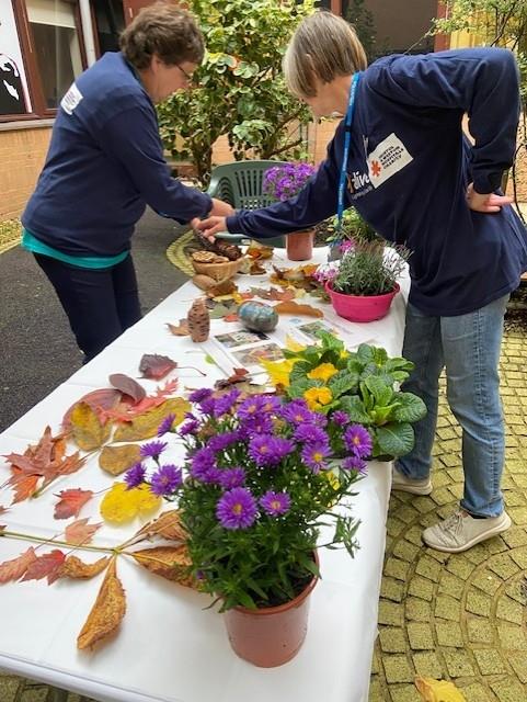 An outdoor scene shows two people standing beside a long white table set up for a nature-based activity. The table is covered with fallen leaves in shades of red, yellow and brown, as well as pinecones, small decorative objects, and printed sheets. Several potted plants sit along the table, including bright purple flowers in the foreground and green leafy plants. One person reaches toward a basket of pinecones while the other leans in to look more closely. The setting includes a paved courtyard with curved yellow brick patterns, a building wall with windows, and greenery in the background.