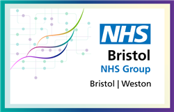 Bristol NHS Group logo which has the NHS logo with the words Bristol NHS Group underneath and Bristol | Weston underneath that. On the left of the image are three curved lines which all link together over the top of a network of green and pink dots
